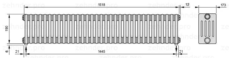 Схема (чертеж) Радиатор Zehnder Charleston 5019/33 №5310 Белый глянцевый RAL 9016